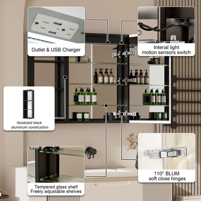 36 in. x 30 in. Black Aluminum Medicine Cabinet with Mirror and LED Light