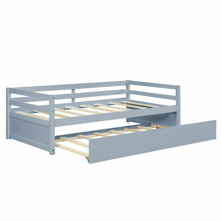 Twin Size Trundle Platform Bed Frame with  Wooden Slat Support