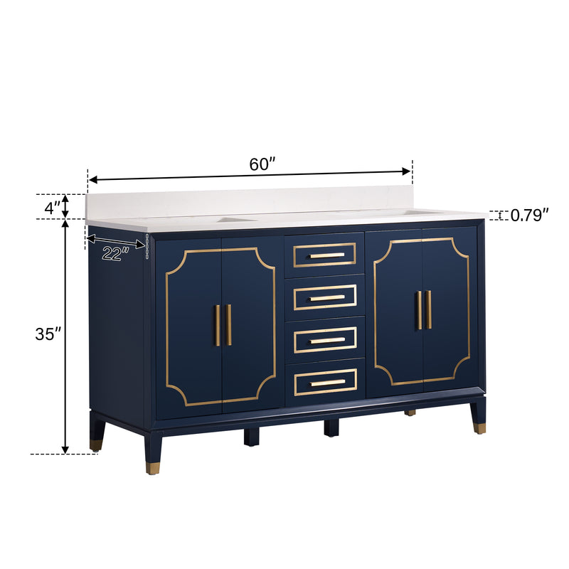 60 in. W x 22 in. D x 35 in. H Freestanding Bathroom Vanity in Navy Blue with Carrara White Quartz Vanity Top