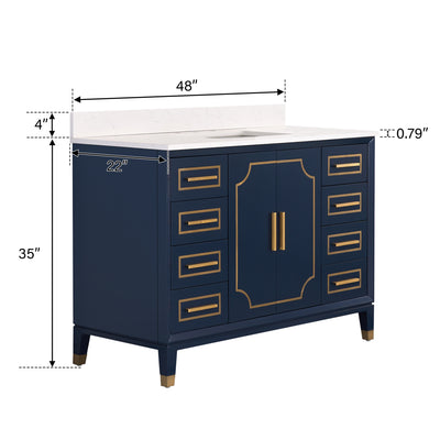 48 in. W x 22 in. D x 35 in. H Freestanding Bathroom Vanity in Navy Blue with Carrara White Quartz Vanity Top