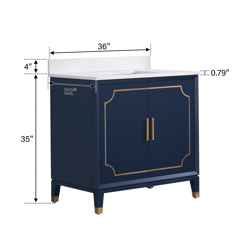 36 in. W x 22 in. D x 35 in. H Freestanding Bathroom Vanity in Navy Blue with Carrara White Quartz Vanity Top