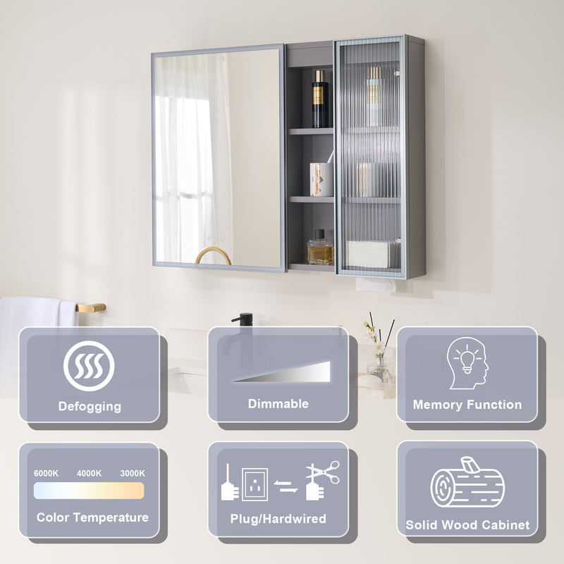 36 in. W x 28 in. H Rectangular Surface Mount LED Mirror Medicine Cabinet in Gray