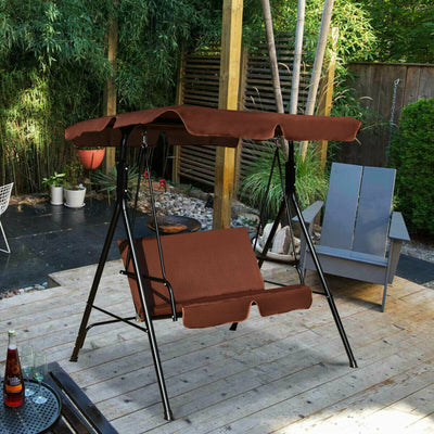 2 Person Weather Resistant Canopy Swing for Porch Garden Backyard Lawn Brown