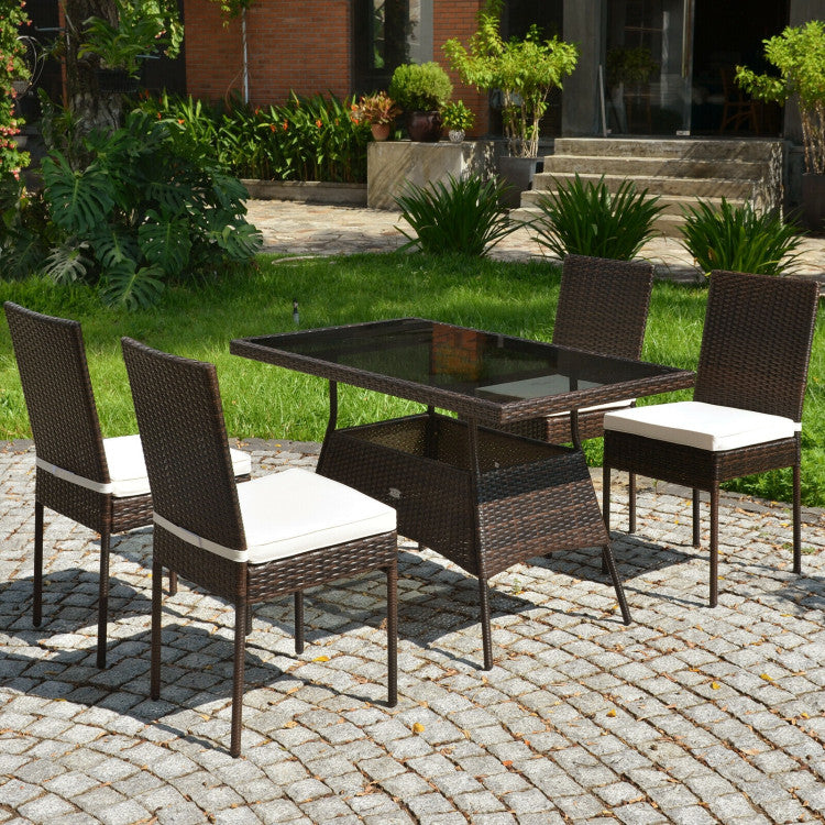 5 Pieces Rattan Dining Set with Glass Table and High Back Chair