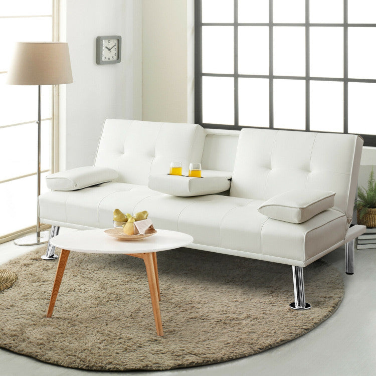 Convertible Folding Leather Futon Sofa with Cup Holders and Armrests--White