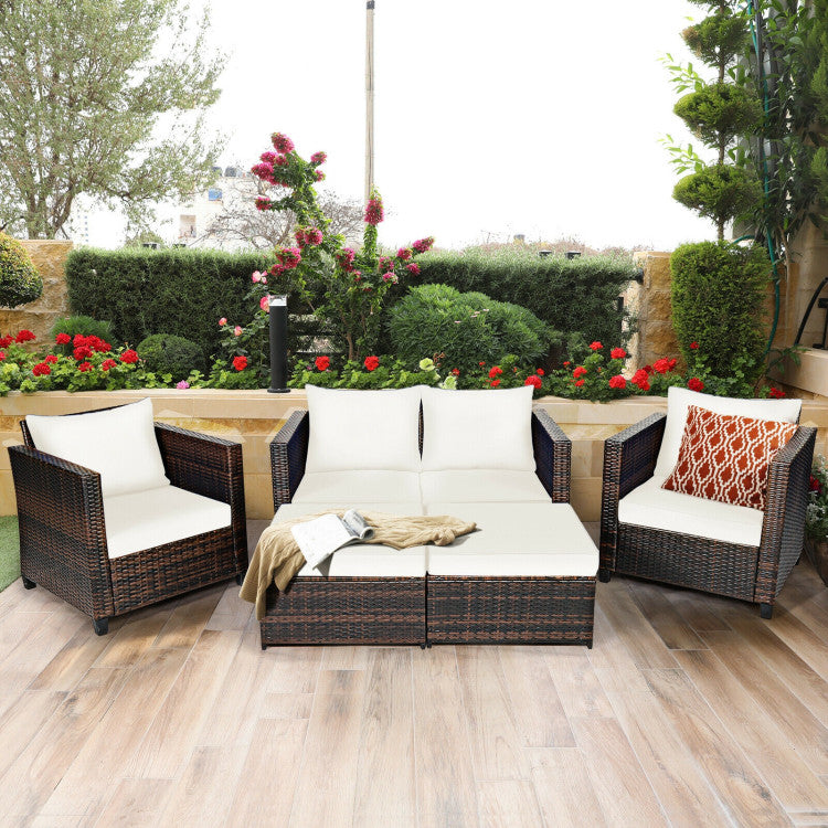 5 Pieces Patio Rattan Furniture Set with Removable Cushions