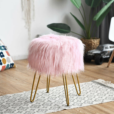 Faux Fur Vanity Stool Chair with Metal Legs for Bedroom and Living Room--Pink