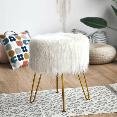 Faux Fur Vanity Stool Chair with Metal Legs for Bedroom and Living Room--White