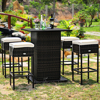 5 Pieces Patio Rattan Cushioned Bar Furniture Set with Hidden Storage Shelf