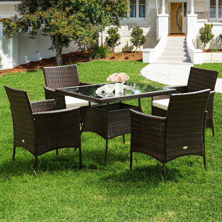 5 Pieces Tempered Glass Tabletop Wicker Patio Dining Set with 4 Armrest Chairs