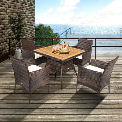 5 Pieces Acacia Wood Tabletop Wicker Patio Dining Set with 4 Armrest Chairs