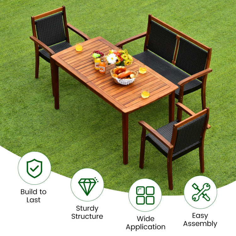 4 Pieces Acacia Wood Patio Rattan Dining Furniture Set