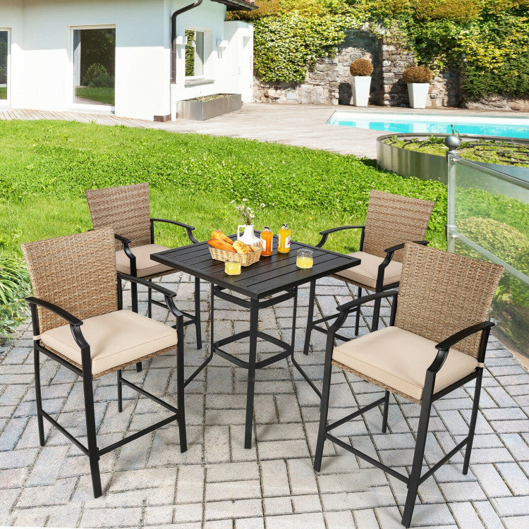 5 Pieces Outdoor Rattan Bistro Bar Stool Table Set with Cushions