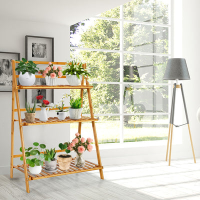 3-Tier Bamboo Foldable Plant Stand with Display Shelf Rack