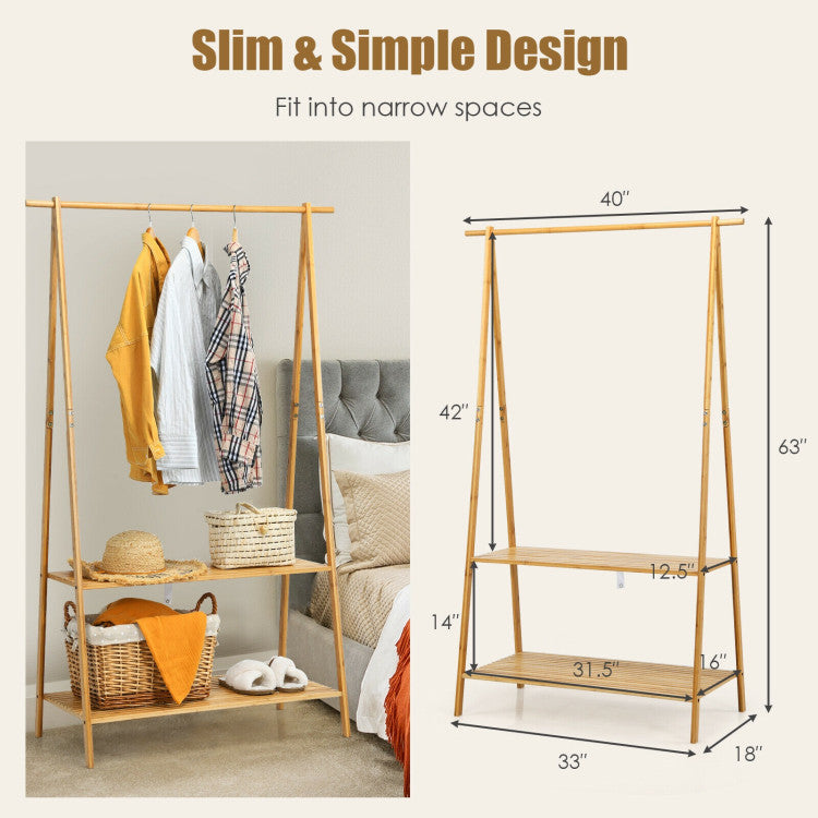 Bamboo Clothes Hanging Rack with 2-Tier Storage Shelf for Entryway Bedroom