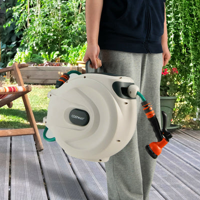 Wall Mounted Retractable Garden Hose Reel with Hose Nozzle