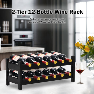 2-Tier Brown 12 Bottles Bamboo Storage Shelf  Wine Rack