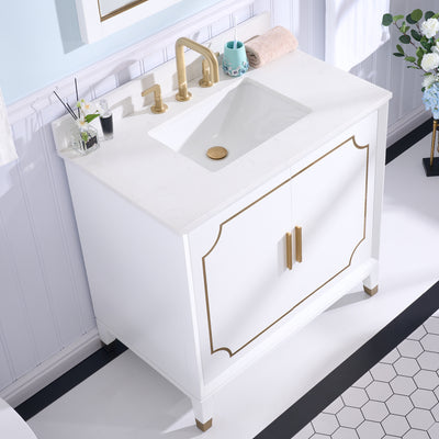 36 in. W x 22 in. D x 35 in. H Freestanding Bathroom Vanity in White with Carrara White Quartz Vanity Top