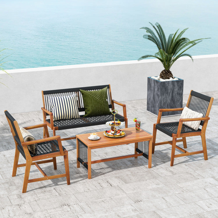 4 Pieces Acacia Wood Patio Conversation Table and Chair Set with Hand Woven Rope