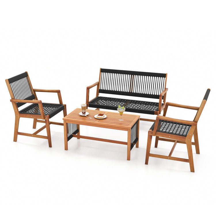 4 Pieces Acacia Wood Patio Conversation Table and Chair Set with Hand Woven Rope