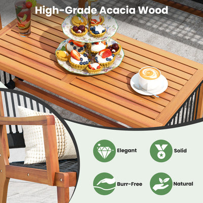 4 Pieces Acacia Wood Patio Conversation Table and Chair Set with Hand Woven Rope