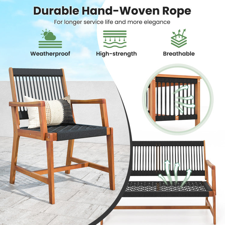 4 Pieces Acacia Wood Patio Conversation Table and Chair Set with Hand Woven Rope