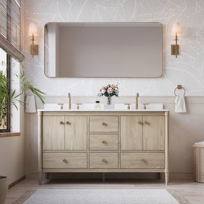 60-Inch Freestanding Oak Bathroom Vanity with White Quartz Top Sinks