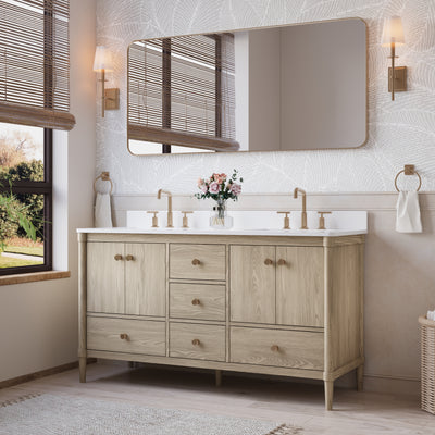 60-Inch Freestanding Oak Bathroom Vanity with White Quartz Top Sinks