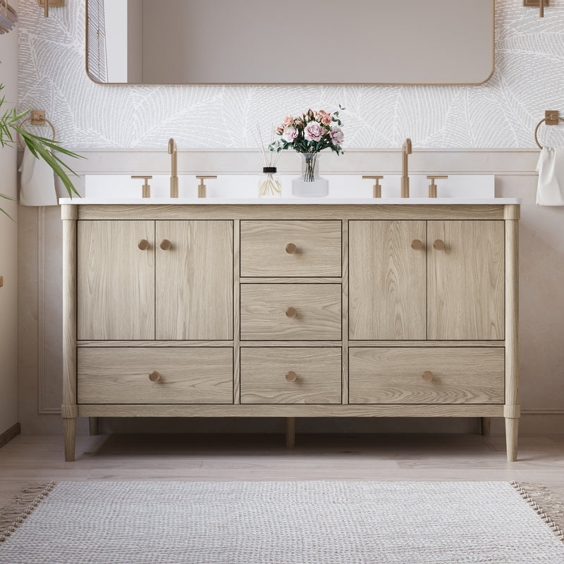 60-Inch Freestanding Oak Bathroom Vanity with White Quartz Top Sinks