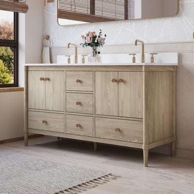 60-Inch Freestanding Oak Bathroom Vanity with White Quartz Top Sinks