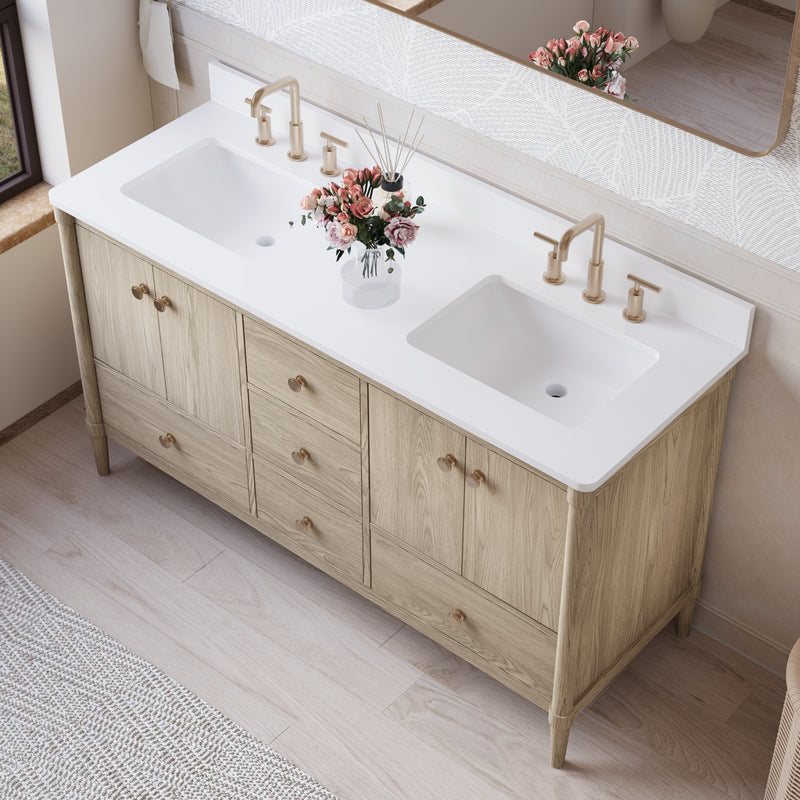 60-Inch Freestanding Oak Bathroom Vanity with White Quartz Top Sinks