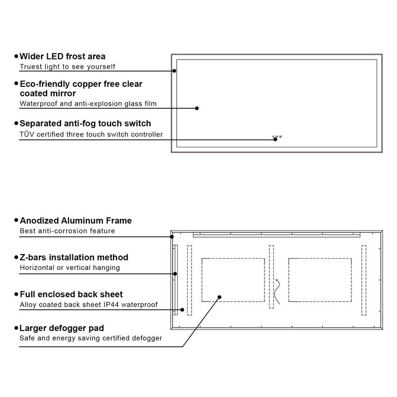 72 in. W x 36 in. H Rectangular Framed LED Light Wall Vertical/Horizontal Bathroom Vanity Mirror in Alumi