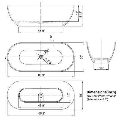 69inch Solid Surface Stone Resin Stand Alone Freestanding Soaking Bathtub