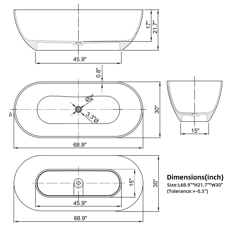 69inch Solid Surface Stone Resin Stand Alone Freestanding Soaking Bathtub