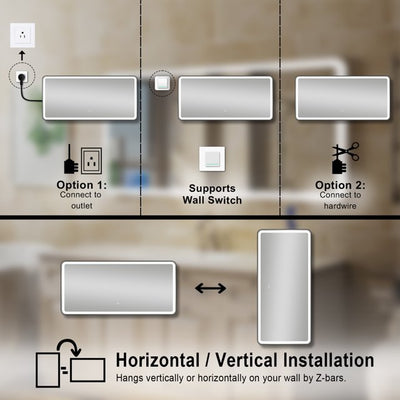 60 x 28 inch LED Bathroom Mirror, Wall Mounted Bathroom Vanity Framed Mirror with Dimmer, IP54 Enhanced Anti-Fog