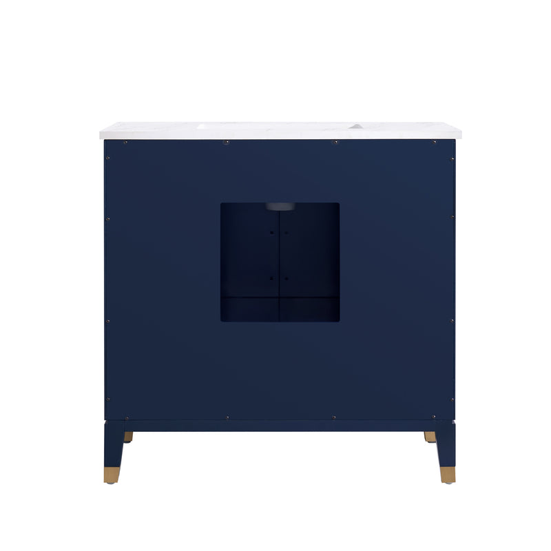 36 in. W x 22 in. D x 35 in. H Freestanding Bathroom Vanity in Navy Blue with Carrara White Quartz Vanity Top