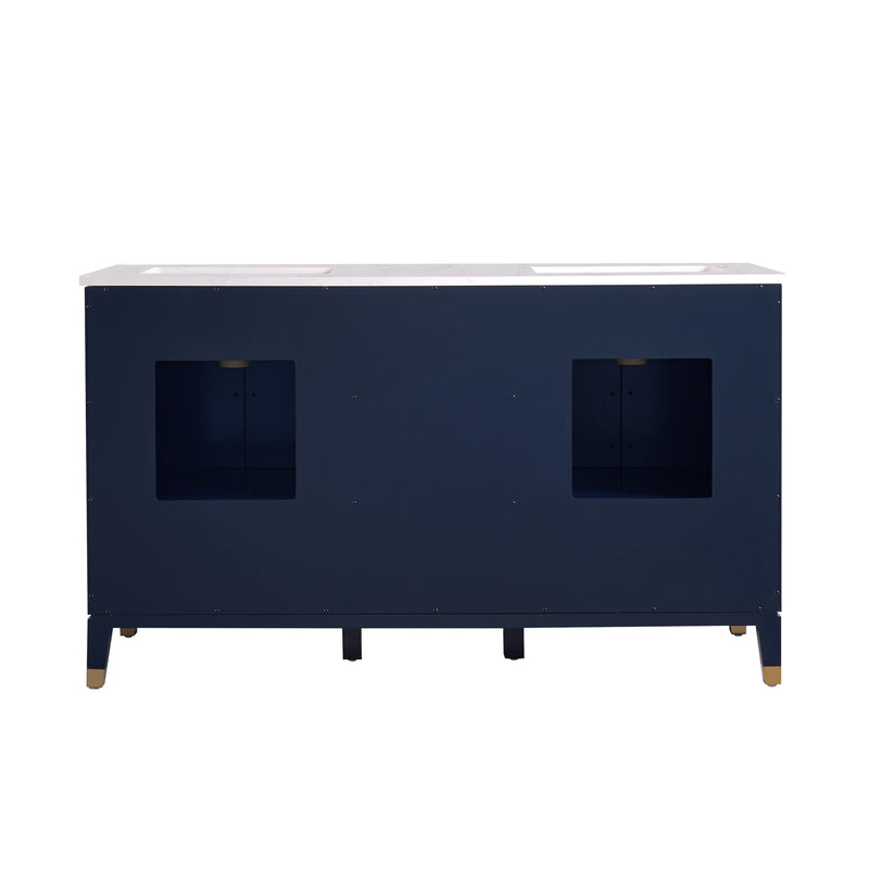 60 in. W x 22 in. D x 35 in. H Freestanding Bathroom Vanity in Navy Blue with Carrara White Quartz Vanity Top