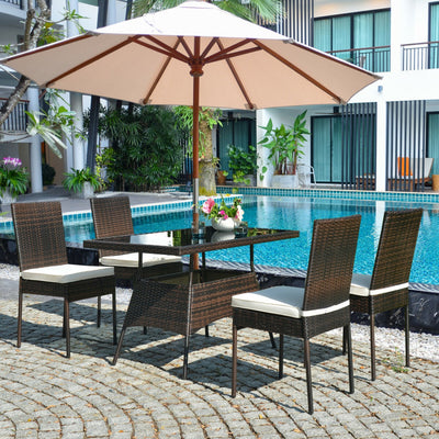 5 Pieces Rattan Dining Set with Glass Table and High Back Chair