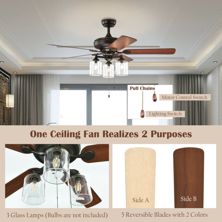 52 Inch Ceiling Fan Light with Pull Chain and 5 Bronze Finished Reversible Blades