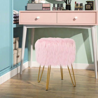 Faux Fur Vanity Stool Chair with Metal Legs for Bedroom and Living Room--Pink