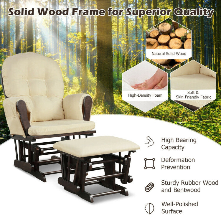 Wood Glider and Ottoman Set with Padded Armrests and Detachable Cushion