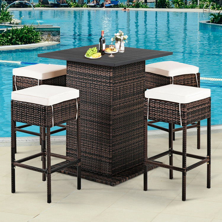 5 Pieces Patio Rattan Cushioned Bar Furniture Set with Hidden Storage Shelf