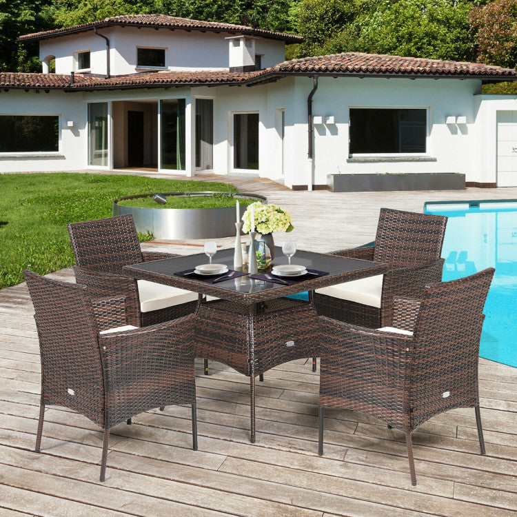 5 Pieces Tempered Glass Tabletop Wicker Patio Dining Set with 4 Armrest Chairs