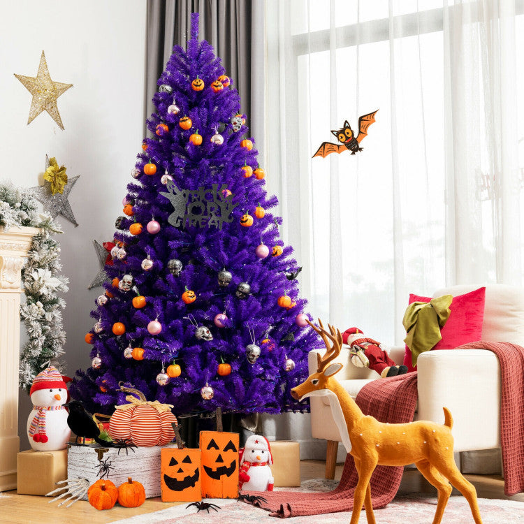 Artificial Prelit Purple Halloween Tree with Orange Lights and Pumpkin Ornaments