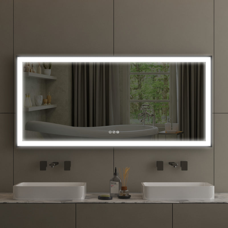 60 in. W x 28 in. H Rectangular Aluminum Framed LED Wall Mount Anti-Fog Modern Decorative Bathroom Vanity Mirror in Matte Black