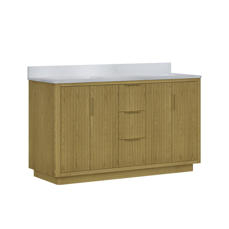 60 in. Oak Freestanding Solid Wood Bathroom Vanity with White Quartz Countertop