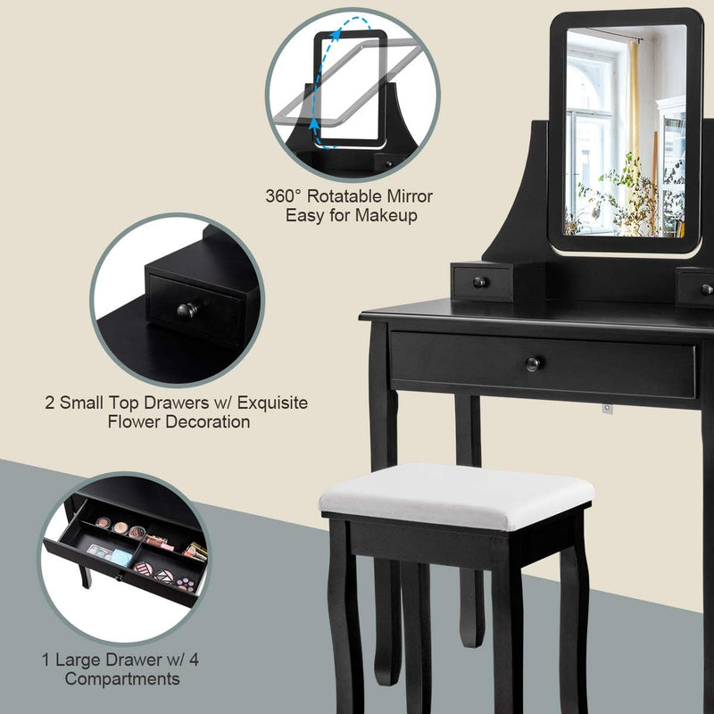 3-Drawer Dressing Vanity Table Set with Padded Stool and Mirror