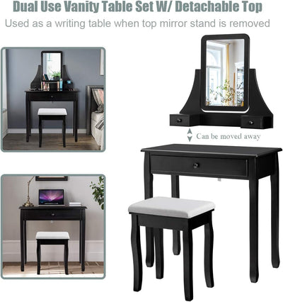 3-Drawer Dressing Vanity Table Set with Padded Stool and Mirror