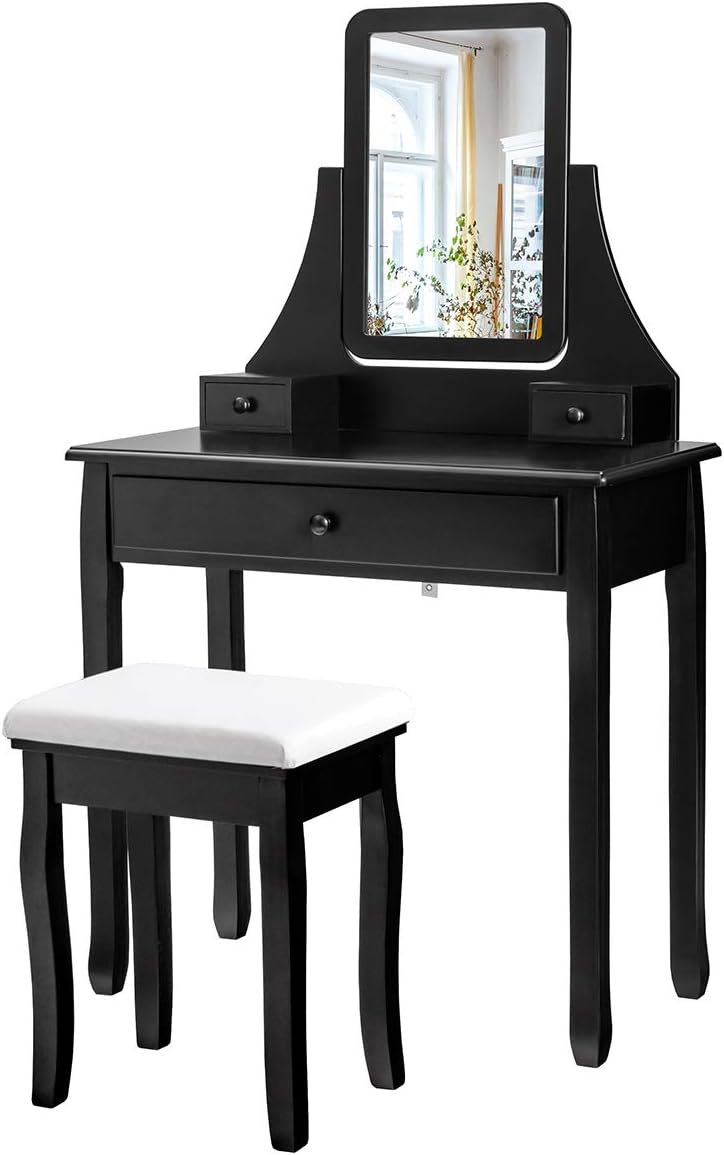 3-Drawer Dressing Vanity Table Set with Padded Stool and Mirror