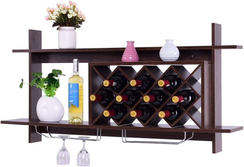 Wall Mount Wine Rack with Glass Holder & Storage Shelf